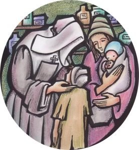 Marie-Louise Trichet avec les pauvres. Illustration : Sr Claudette Danis, fdls